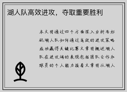 湖人队高效进攻，夺取重要胜利