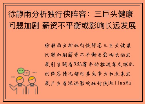 徐静雨分析独行侠阵容：三巨头健康问题加剧 薪资不平衡或影响长远发展