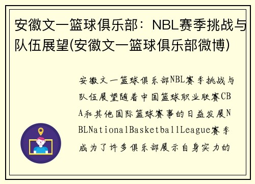 安徽文一篮球俱乐部：NBL赛季挑战与队伍展望(安徽文一篮球俱乐部微博)