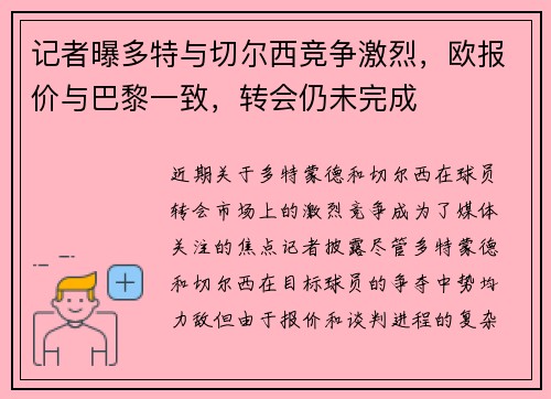 记者曝多特与切尔西竞争激烈，欧报价与巴黎一致，转会仍未完成