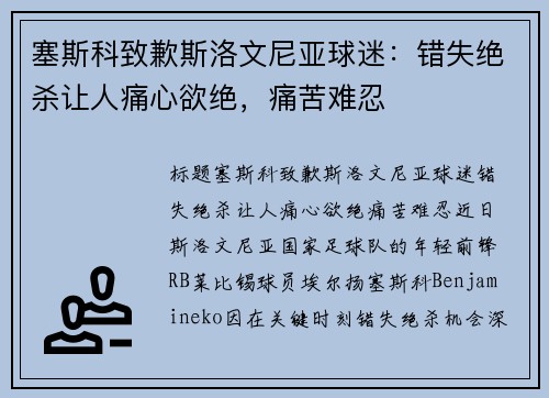 塞斯科致歉斯洛文尼亚球迷：错失绝杀让人痛心欲绝，痛苦难忍