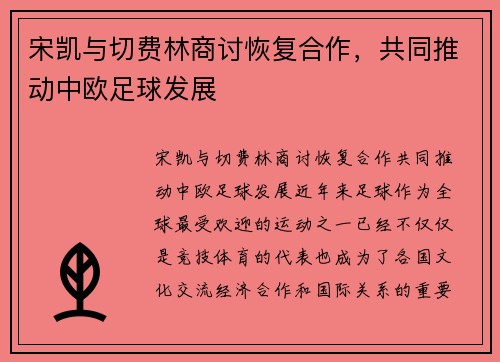 宋凯与切费林商讨恢复合作，共同推动中欧足球发展