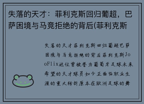 失落的天才：菲利克斯回归葡超，巴萨困境与马竞拒绝的背后(菲利克斯 巴萨)