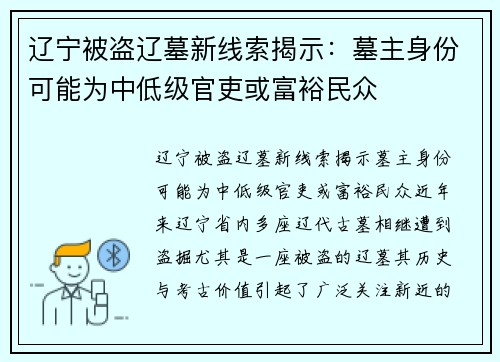 辽宁被盗辽墓新线索揭示：墓主身份可能为中低级官吏或富裕民众